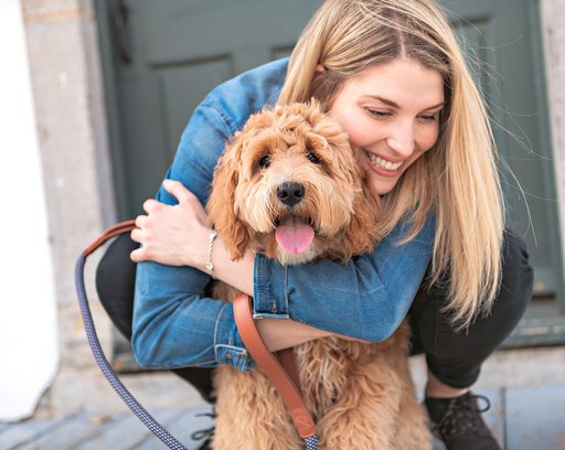 Labradoodle-Dog-and-woman-outside-on-balcony